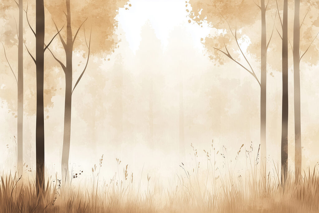 Foggy forest with trees and grass Foggy forest with trees and grass