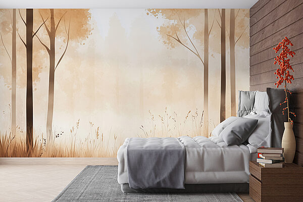 Foggy forest with trees and grass Foggy forest with trees and grass
