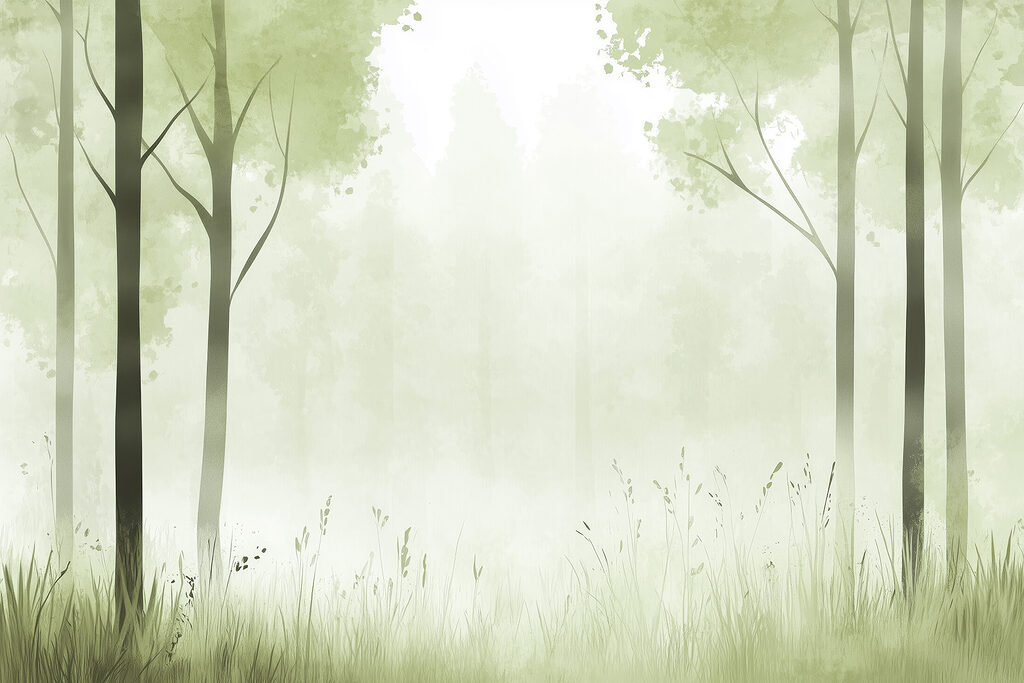 Foggy forest with trees and grass Foggy forest with trees and grass