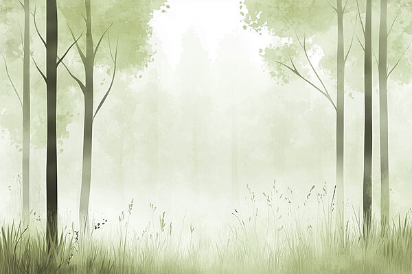 Foggy forest with trees and grass Foggy forest with trees and grass