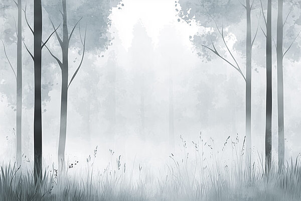 Foggy forest with trees and grass Foggy forest with trees and grass
