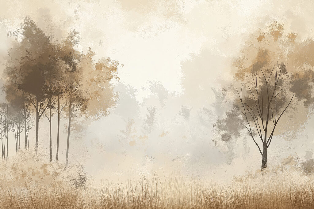 Foggy forest with trees and grass Foggy forest with trees and grass