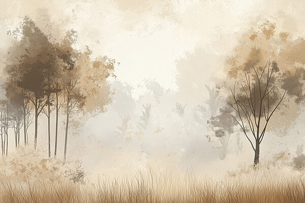 Foggy forest with trees and grass Foggy forest with trees and grass