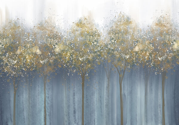 Painting of trees in a foggy forest Painting of trees in a foggy forest