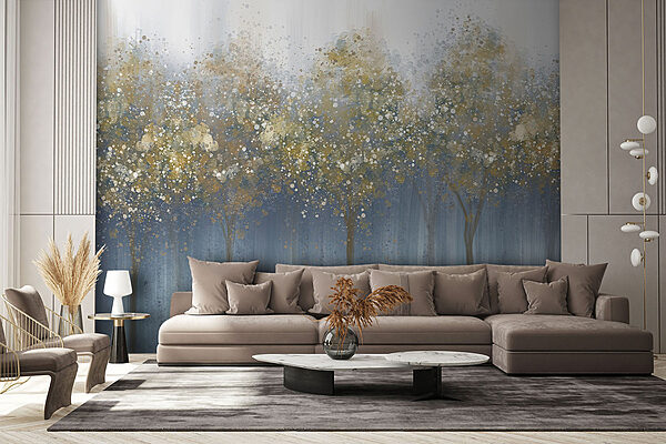Painting of trees in a foggy forest Painting of trees in a foggy forest