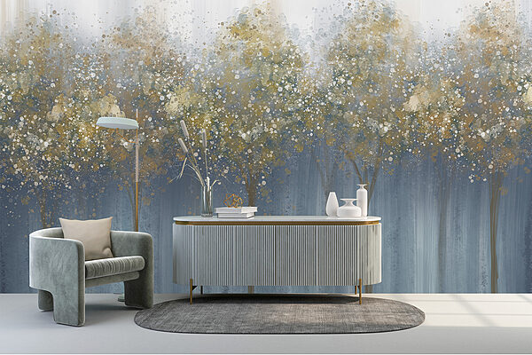 Painting of trees in a foggy forest Painting of trees in a foggy forest