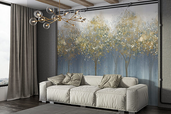 Painting of trees in a foggy forest Painting of trees in a foggy forest
