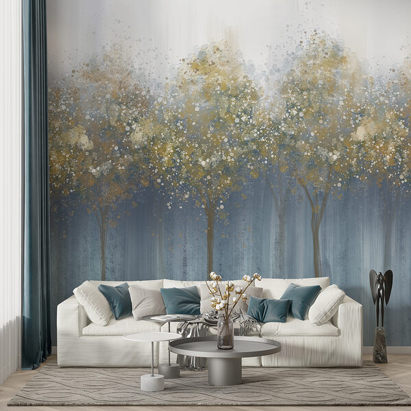 Painting of trees in a foggy forest Painting of trees in a foggy forest