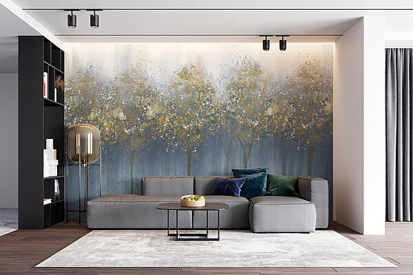 Painting of trees in a foggy forest Painting of trees in a foggy forest