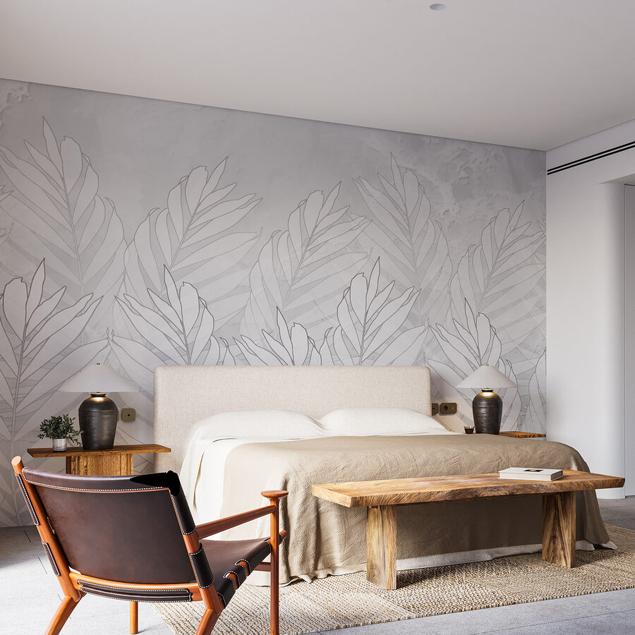 Wall murals White line drawing of leaves