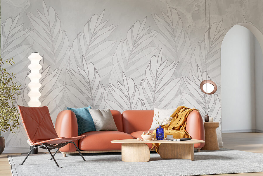 Wall murals White line drawing of leaves - Image 2