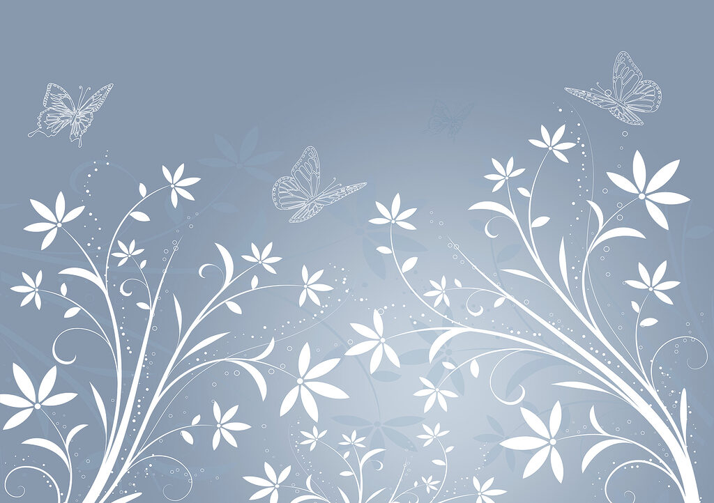 White flowers and butterflies on a blue background White flowers and butterflies on a blue background