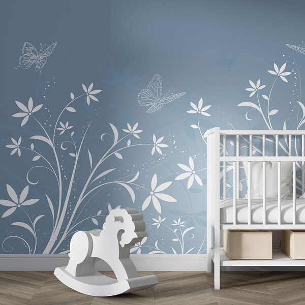 White flowers and butterflies on a blue background White flowers and butterflies on a blue background