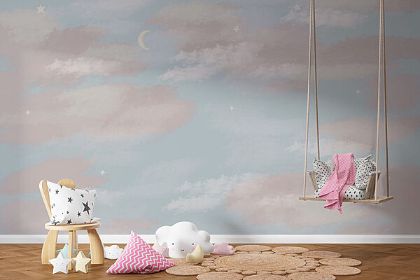 Blue sky with clouds and a crescent moon Blue sky with clouds and a crescent moon