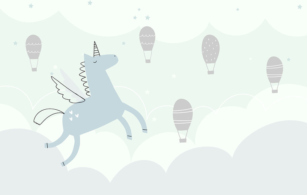 Blue unicorn with wings and wings flying in the sky with hot air balloons Blue unicorn with wings and wings flying in the sky with hot air balloons