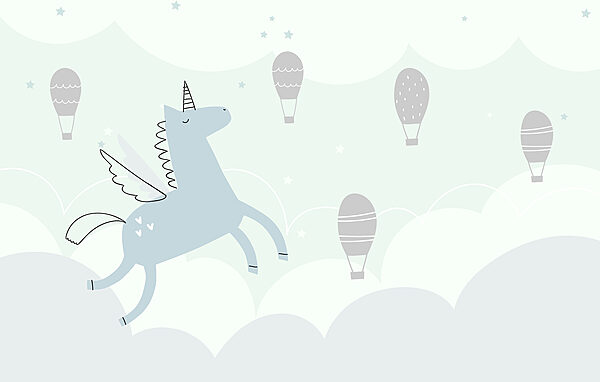 Blue unicorn with wings and wings flying in the sky with hot air balloons Blue unicorn with wings and wings flying in the sky with hot air balloons