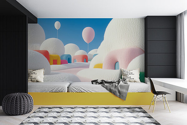 Landscape with balloons and buildings Landscape with balloons and buildings