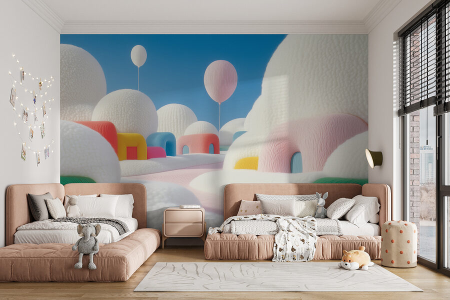 Landscape with balloons and buildings