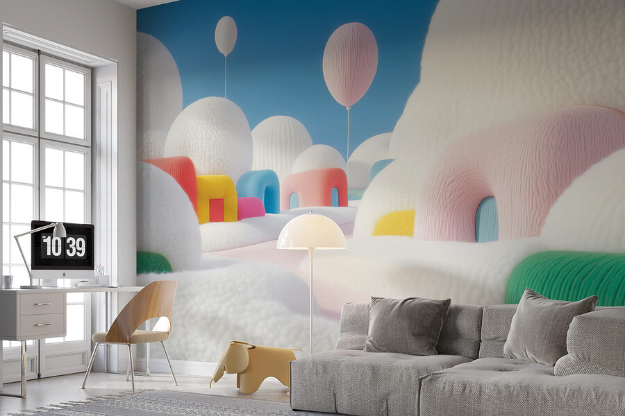 Landscape with balloons and buildings