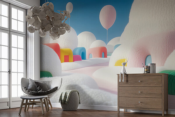 Landscape with balloons and buildings Landscape with balloons and buildings