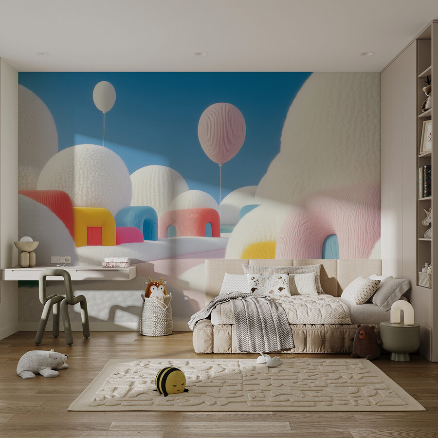 Landscape with balloons and buildings