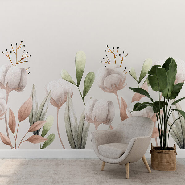 Wall murals Wall murals Watercolor cotton flowers and leaves (SKU: w01123)