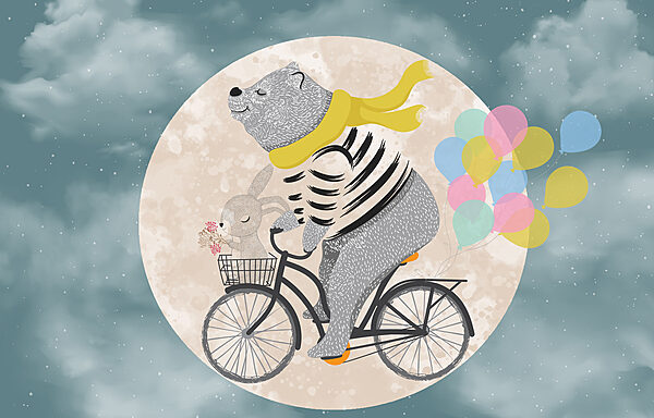 Bear riding a bicycle with balloons Bear riding a bicycle with balloons