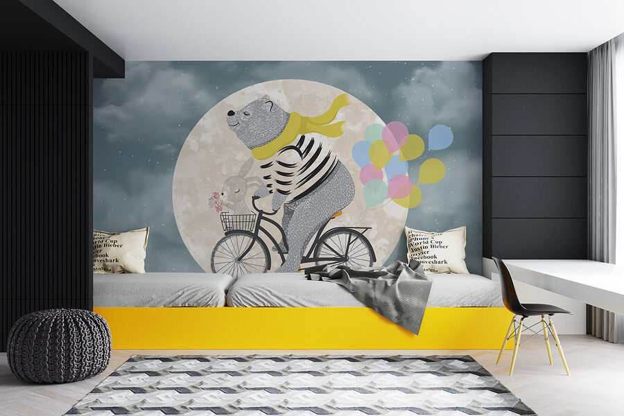 Bear riding a bicycle with balloons Bear riding a bicycle with balloons