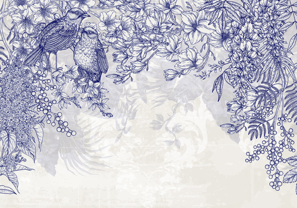 Blue and white drawing of birds and flowers Blue and white drawing of birds and flowers
