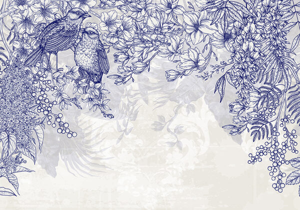 Blue and white drawing of birds and flowers Blue and white drawing of birds and flowers
