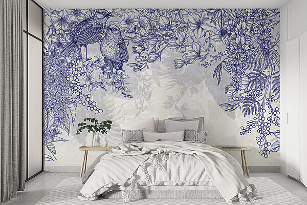 Blue and white drawing of birds and flowers Blue and white drawing of birds and flowers