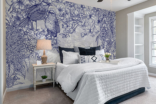 Blue and white drawing of birds and flowers Blue and white drawing of birds and flowers