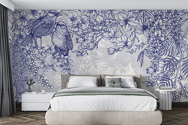 Blue and white drawing of birds and flowers Blue and white drawing of birds and flowers