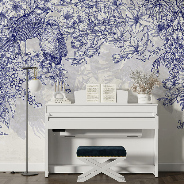 Blue and white drawing of birds and flowers Blue and white drawing of birds and flowers