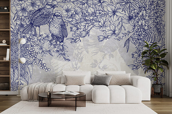 Blue and white drawing of birds and flowers Blue and white drawing of birds and flowers