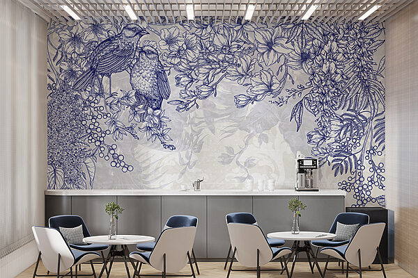 Blue and white drawing of birds and flowers Blue and white drawing of birds and flowers