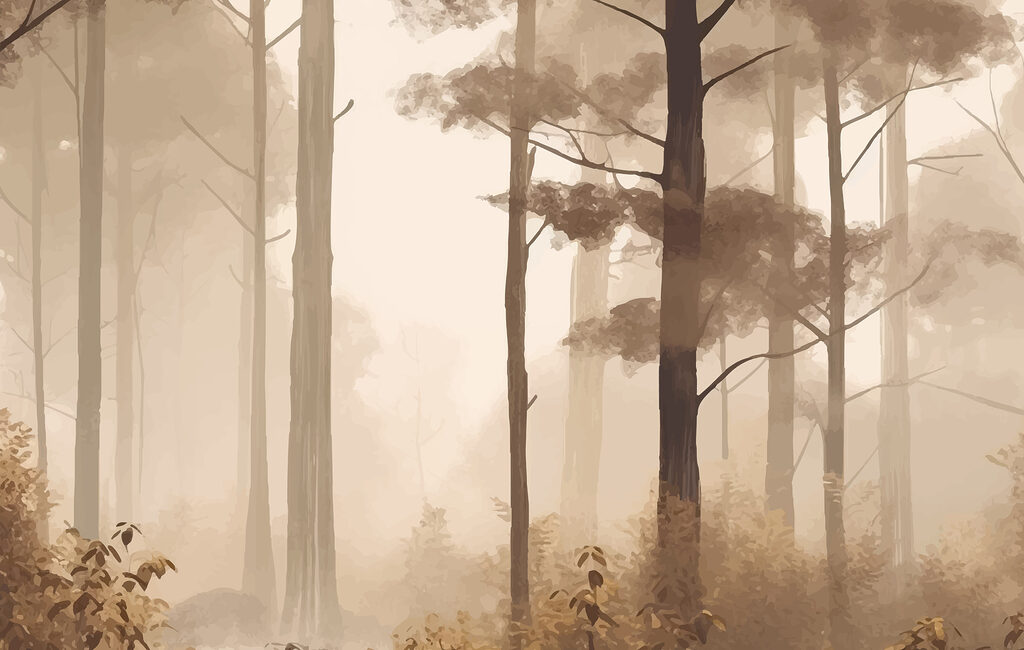 Foggy forest with tall trees Foggy forest with tall trees