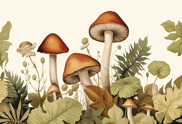 Group of mushrooms with leaves Group of mushrooms with leaves