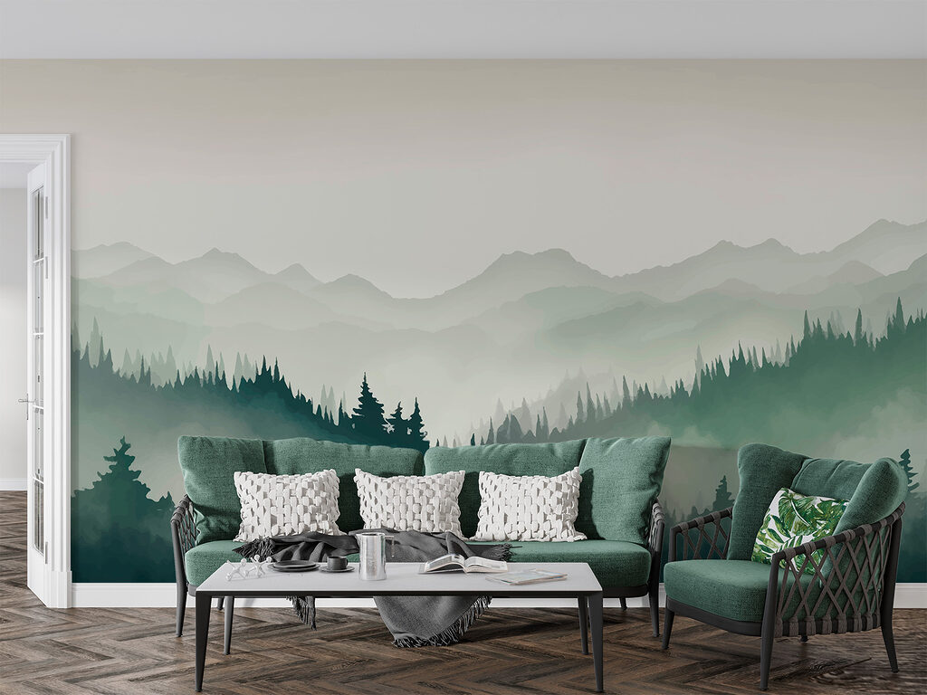 Foggy mountain landscape with trees and mountains