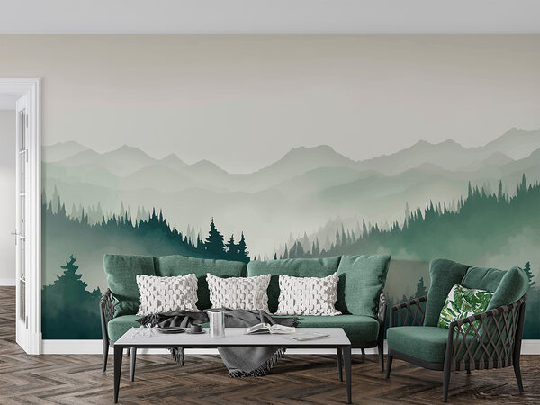 Foggy mountain landscape with trees and mountains