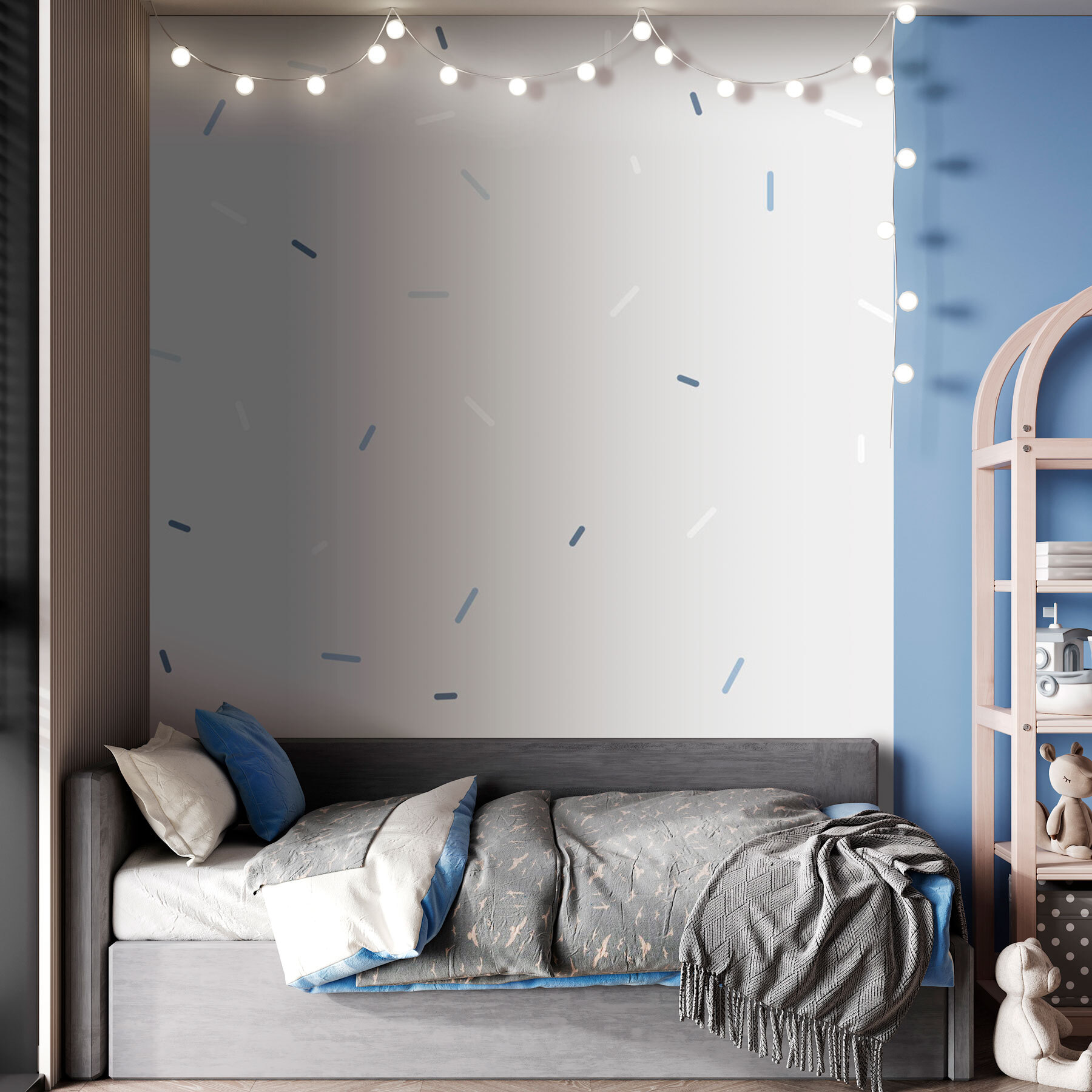 White background with blue and white specks