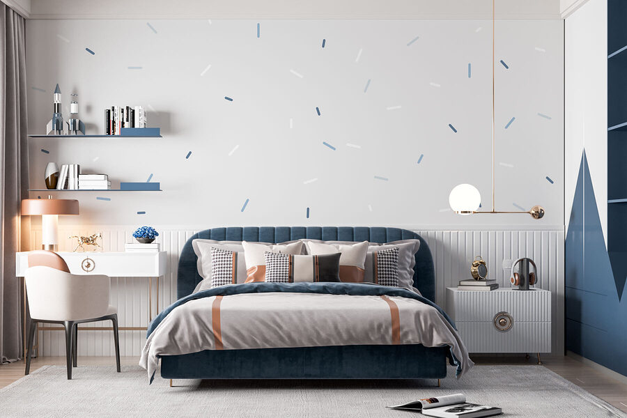 White background with blue and white specks