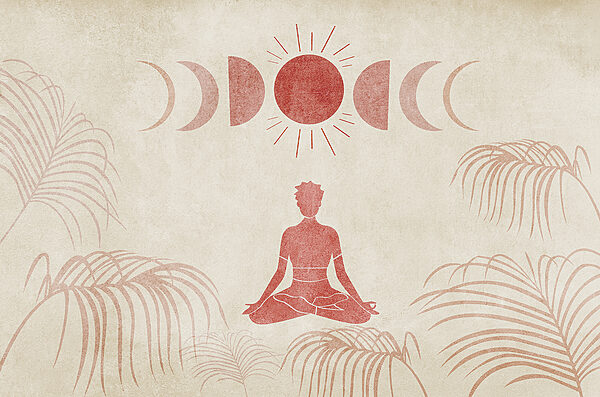 Person sitting in a lotus position with a sun and palm trees Person sitting in a lotus position with a sun and palm trees