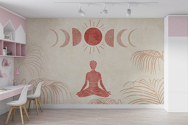 Person sitting in a lotus position with a sun and palm trees Person sitting in a lotus position with a sun and palm trees