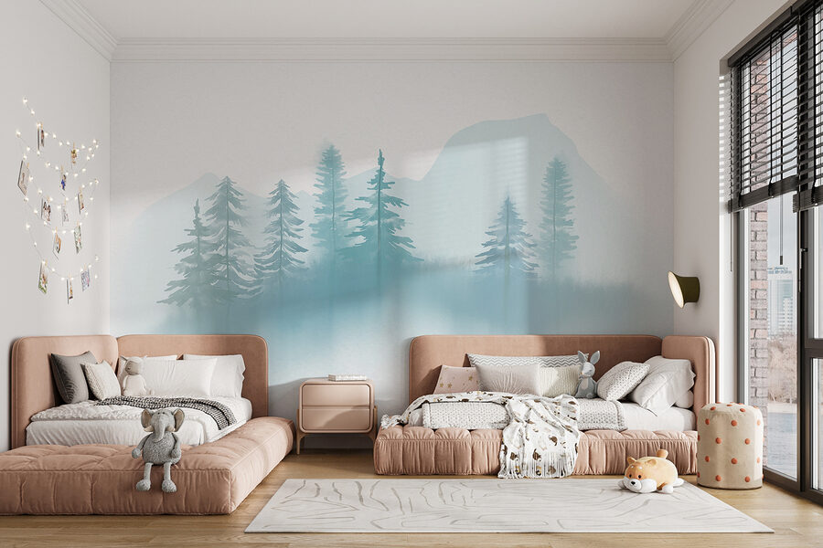 Foggy landscape with trees and mountains