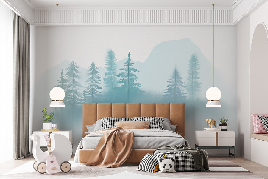 Foggy landscape with trees and mountains