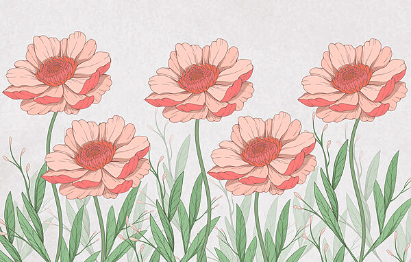 Group of pink flowers with green leaves Group of pink flowers with green leaves