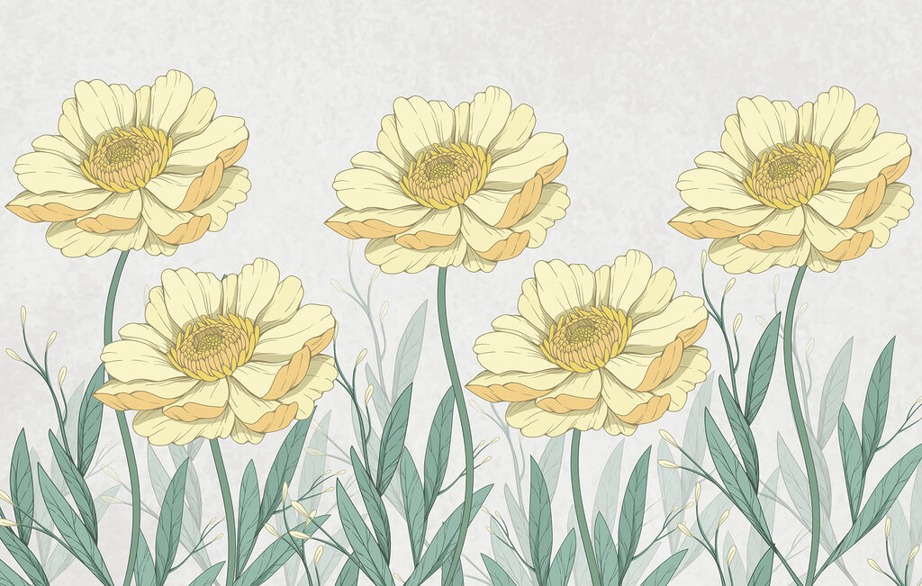 Group of yellow flowers with green leaves Group of yellow flowers with green leaves