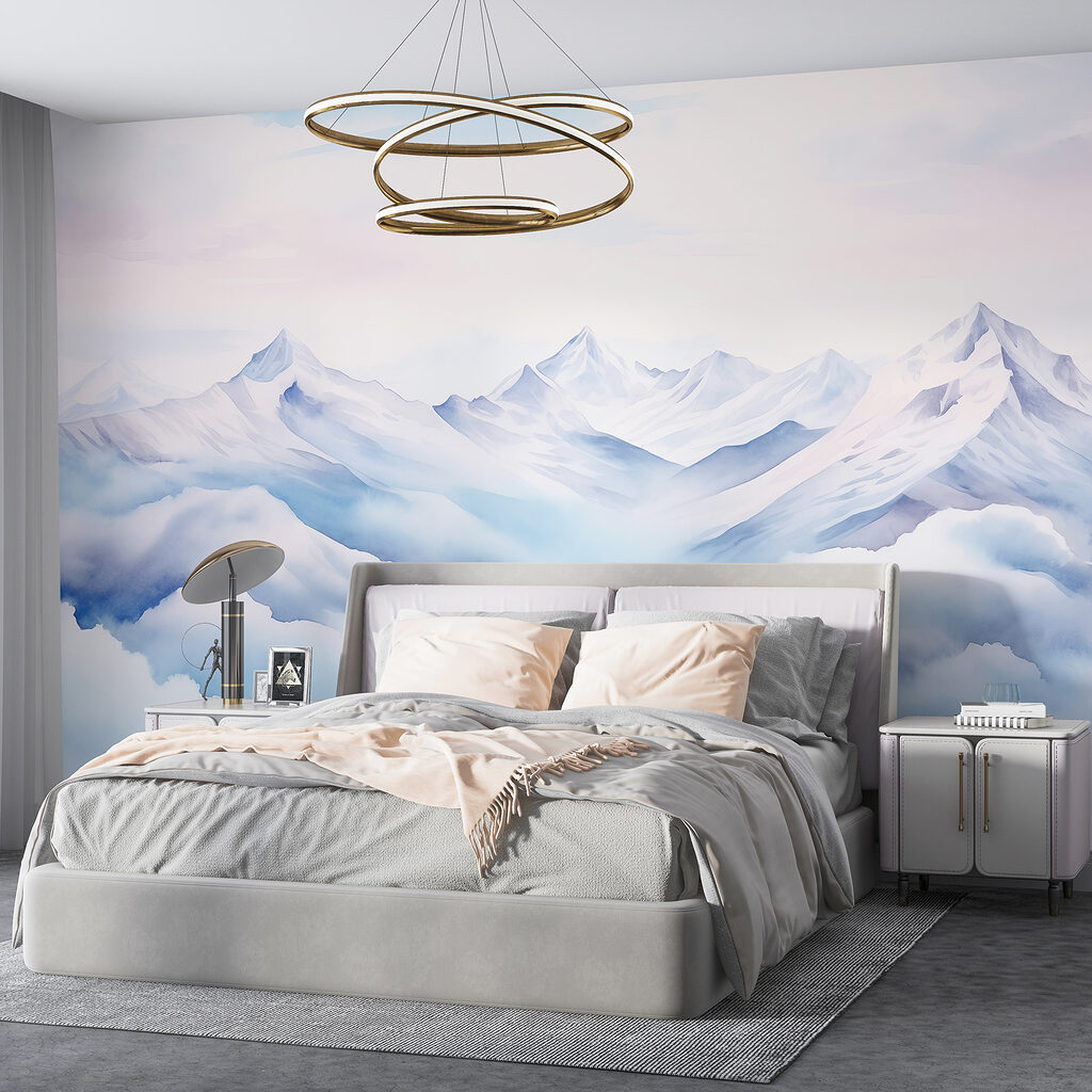 Watercolor painting of mountains and clouds