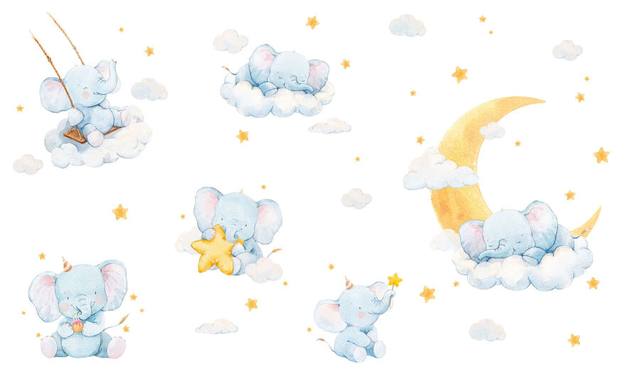 Group of elephants in clouds and stars